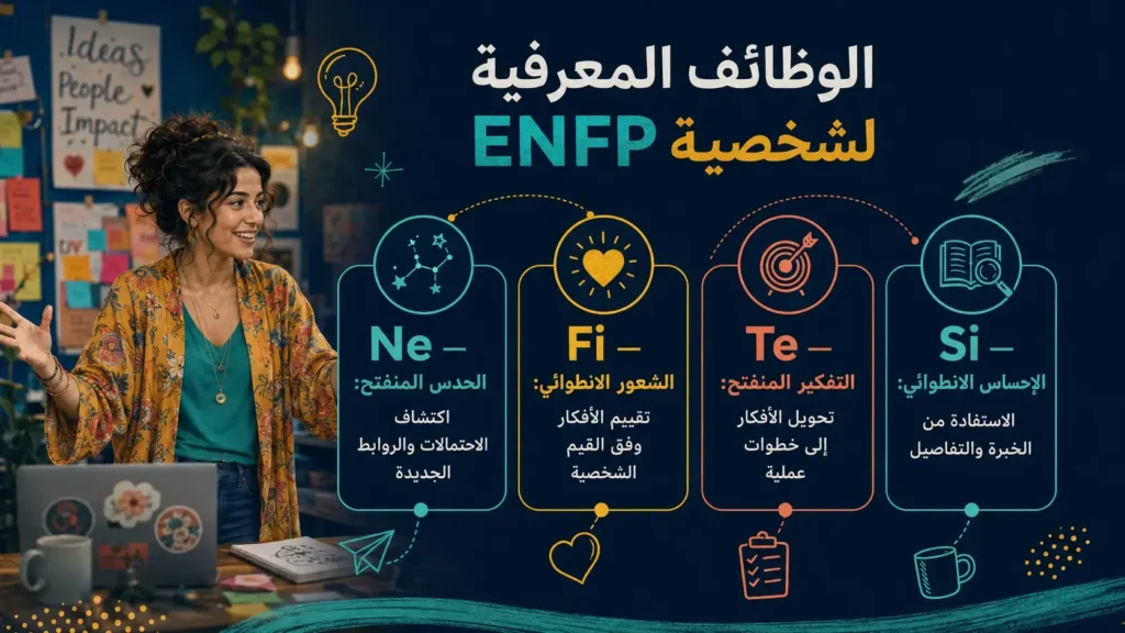 شخصية ENFP المناضل 3 الوظائف المعرفية لشخصية ENFP وهي Ne وFi وTe وSi