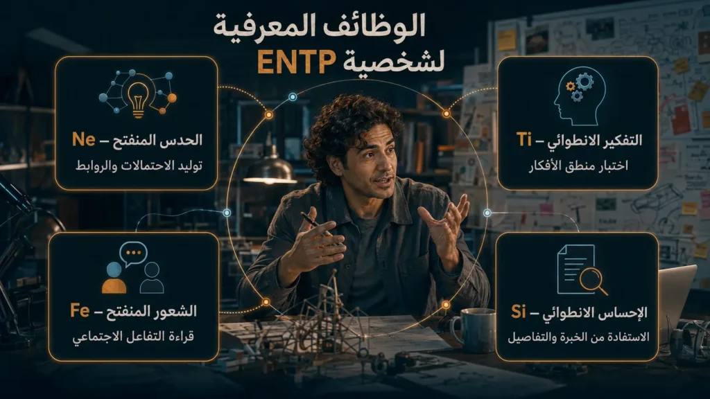 شخصية ENTP المناظر 3 الوظائف المعرفية لشخصية ENTP وهي Ne وTi وFe وSi