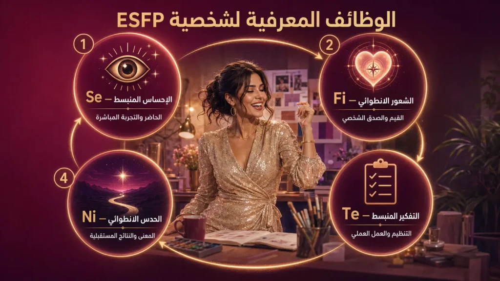 شخصية ESFP المسلّي 3 الوظائف المعرفية لشخصية ESFP وهي Se وFi وTe وNi