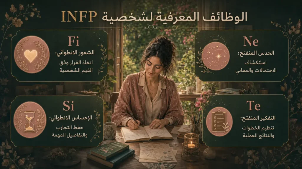 شخصية INFP الوسيط 3 الوظائف المعرفية لشخصية INFP وهي Fi وNe وSi وTe
